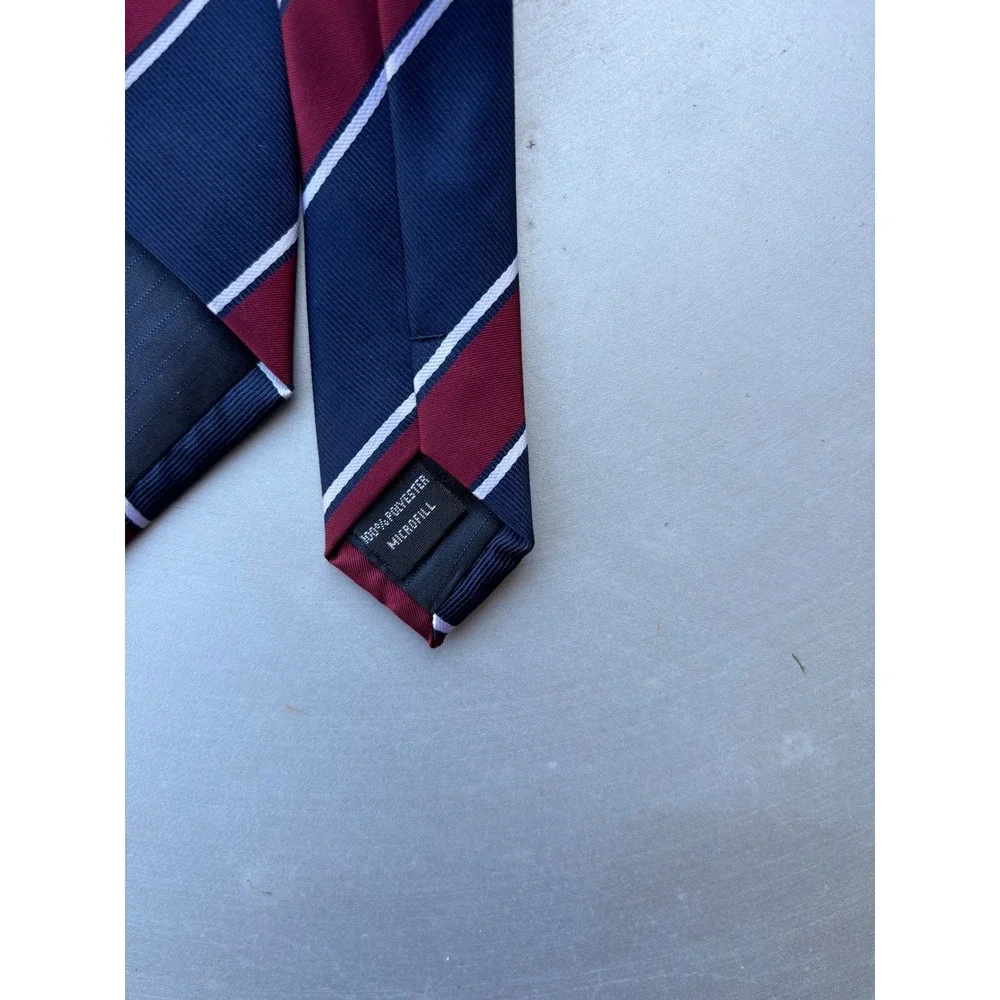 Navy Blue Burgundy White Striped Silk-Feel Microfill Classic Mens Necktie Logo